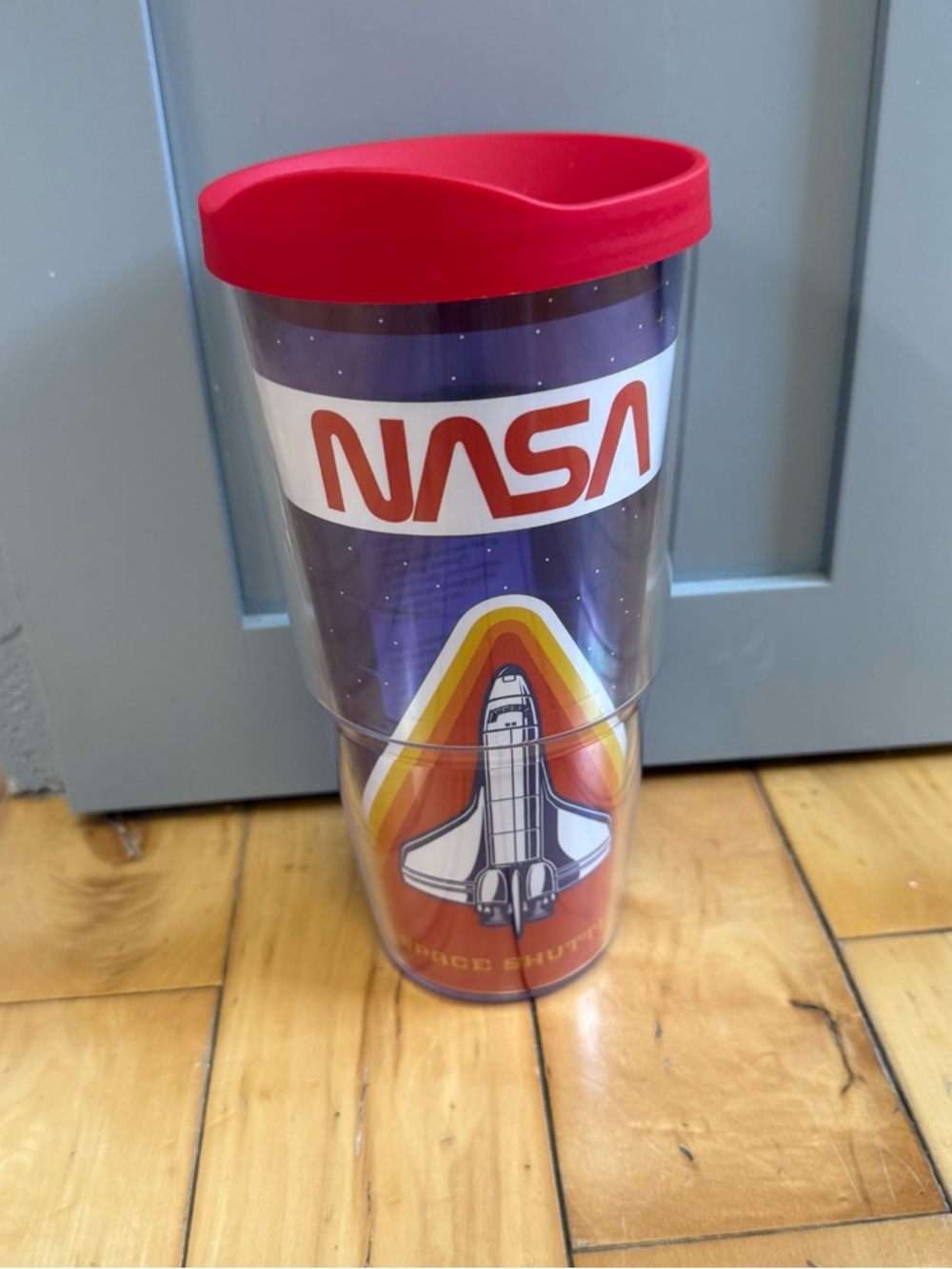 NASA Space Shuttle Travel Tumbler - Red Lid, Purple & Orange Graphic